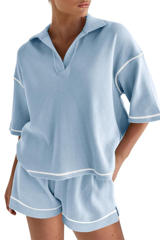 PACK15965-P804-1, Beau Blue Contrast Stitch Collared V Neck Half Sleeve Tee Shorts Set