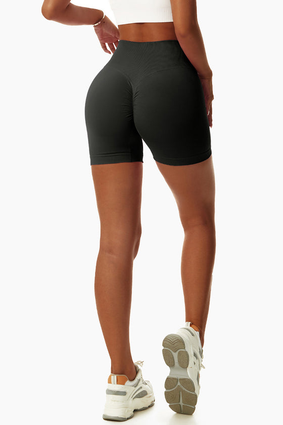 PACK265561-P2-1, Black Solid Color Arched Waist Active Sports Shorts