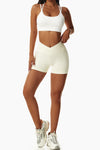PACK265561-P15-1, Beige Solid Color Arched Waist Active Sports Shorts