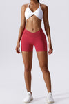 PACK265561-P603-1, Racing Red Solid Color Arched Waist Active Sports Shorts