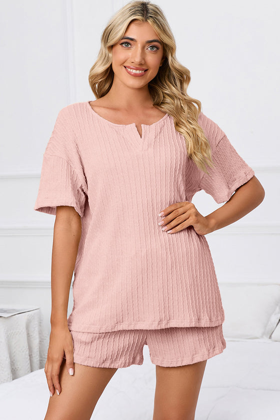 PACK15967-P1010-1, Light Pink Ribbed Notched Neck Short Sleeve Top and Shorts Set