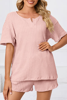  PACK15967-P1010-1, Light Pink Ribbed Notched Neck Short Sleeve Top and Shorts Set