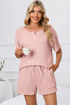 PACK15967-P1010-1, Light Pink Ribbed Notched Neck Short Sleeve Top and Shorts Set