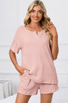 PACK15967-P1010-1, Light Pink Ribbed Notched Neck Short Sleeve Top and Shorts Set