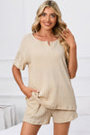 PACK15967-P18-1, Apricot Ribbed Notched Neck Short Sleeve Top and Shorts Set