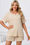PACK15967-P18-1, Apricot Ribbed Notched Neck Short Sleeve Top and Shorts Set