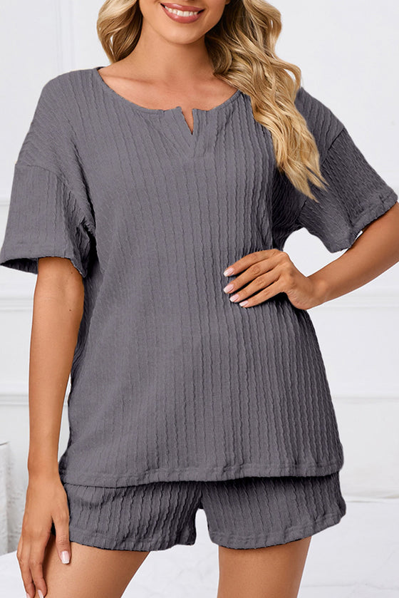 PACK15967-P3011-1, Medium Grey Ribbed Notched Neck Short Sleeve Top and Shorts Set