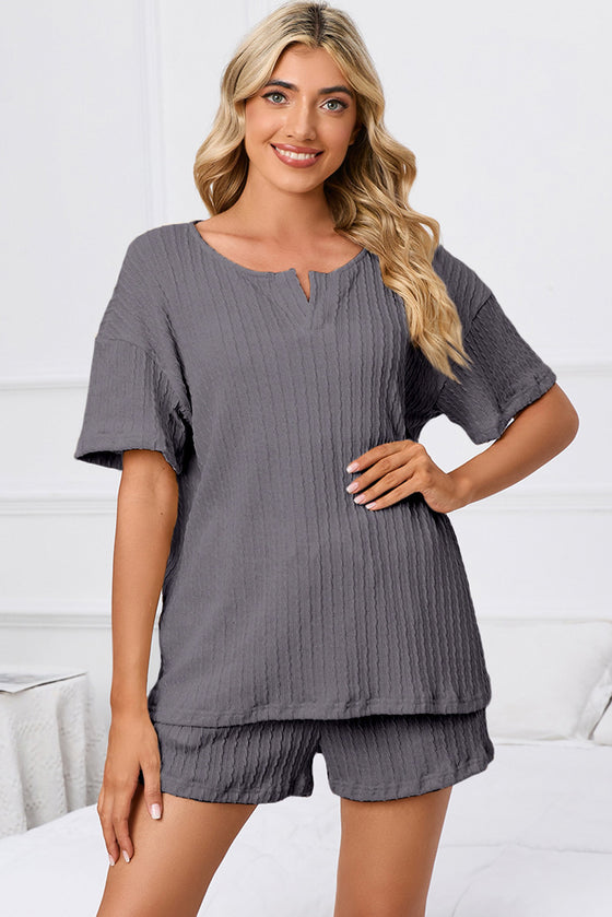 PACK15967-P3011-1, Medium Grey Ribbed Notched Neck Short Sleeve Top and Shorts Set