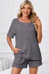 PACK15967-P3011-1, Medium Grey Ribbed Notched Neck Short Sleeve Top and Shorts Set