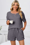 PACK15967-P3011-1, Medium Grey Ribbed Notched Neck Short Sleeve Top and Shorts Set