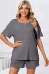 PACK15967-P3011-1, Medium Grey Ribbed Notched Neck Short Sleeve Top and Shorts Set