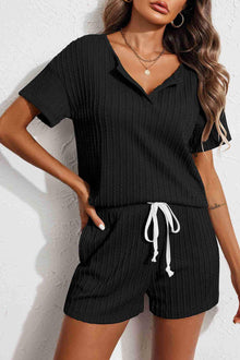  PACK15968-P2-1, Black Jacquard V Neck Tee and Drawstring Shorts Set