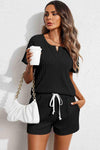 PACK15968-P2-1, Black Jacquard V Neck Tee and Drawstring Shorts Set