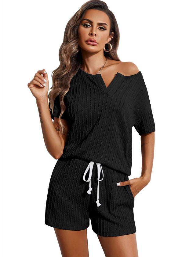 PACK15968-P2-1, Black Jacquard V Neck Tee and Drawstring Shorts Set