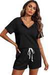 PACK15968-P2-1, Black Jacquard V Neck Tee and Drawstring Shorts Set