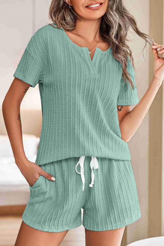 PACK15968-P1009-1, Mint Green Jacquard V Neck Tee and Drawstring Shorts Set