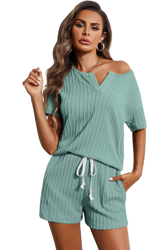 PACK15968-P1009-1, Mint Green Jacquard V Neck Tee and Drawstring Shorts Set