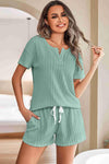 PACK15968-P1009-1, Mint Green Jacquard V Neck Tee and Drawstring Shorts Set