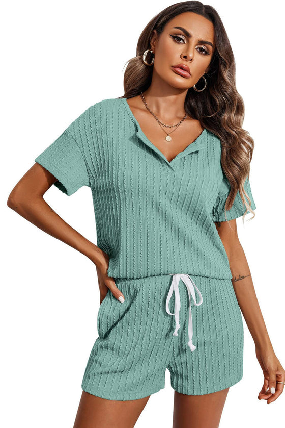 PACK15968-P1009-1, Mint Green Jacquard V Neck Tee and Drawstring Shorts Set