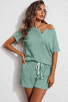 PACK15968-P1009-1, Mint Green Jacquard V Neck Tee and Drawstring Shorts Set