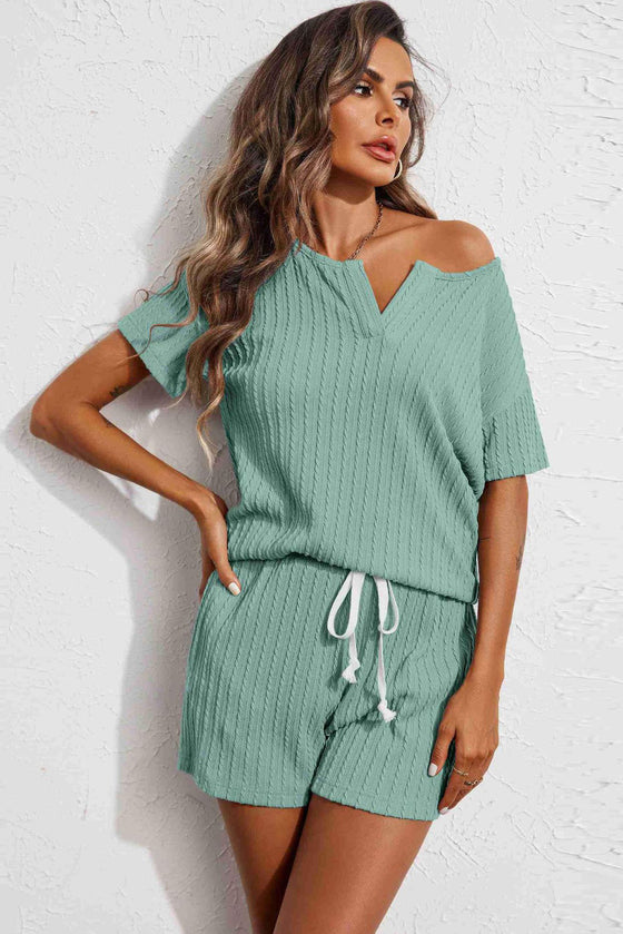 PACK15968-P1009-1, Mint Green Jacquard V Neck Tee and Drawstring Shorts Set