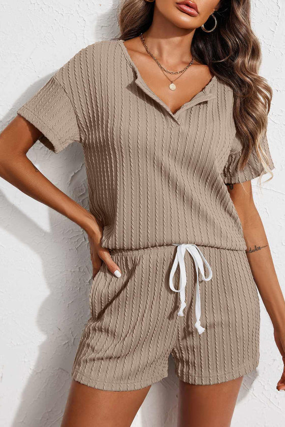 PACK15968-P7016-1, Smoke Gray Jacquard V Neck Tee and Drawstring Shorts Set