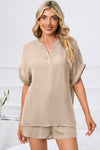 PACK15969-P18-1, Apricot Comfy Notched Neck Top and Drawstring Shorts Set