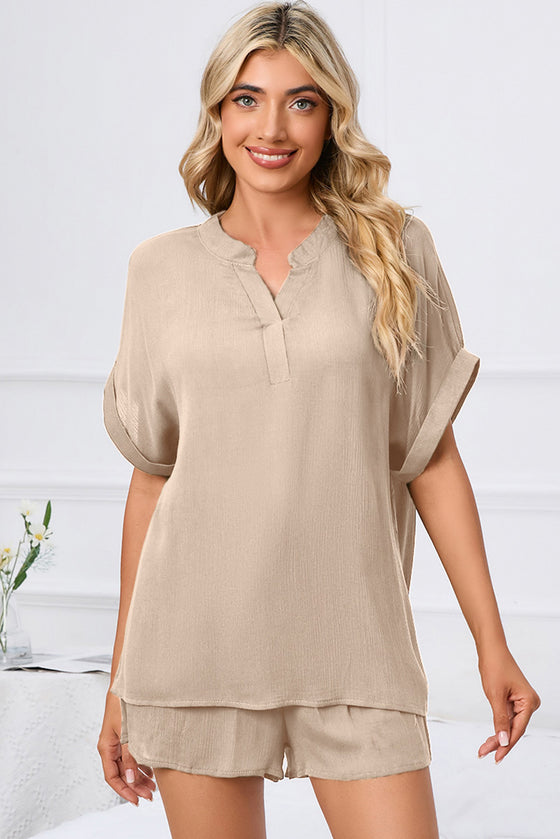 PACK15969-P18-1, Apricot Comfy Notched Neck Top and Drawstring Shorts Set