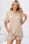 PACK15969-P18-1, Apricot Comfy Notched Neck Top and Drawstring Shorts Set