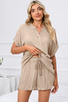 PACK15969-P18-1, Apricot Comfy Notched Neck Top and Drawstring Shorts Set