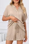 PACK15969-P18-1, Apricot Comfy Notched Neck Top and Drawstring Shorts Set
