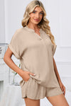 PACK15969-P18-1, Apricot Comfy Notched Neck Top and Drawstring Shorts Set