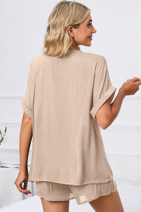 PACK15969-P18-1, Apricot Comfy Notched Neck Top and Drawstring Shorts Set