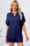 PACK15969-P105-1, Bluing Comfy Notched Neck Top and Drawstring Shorts Set