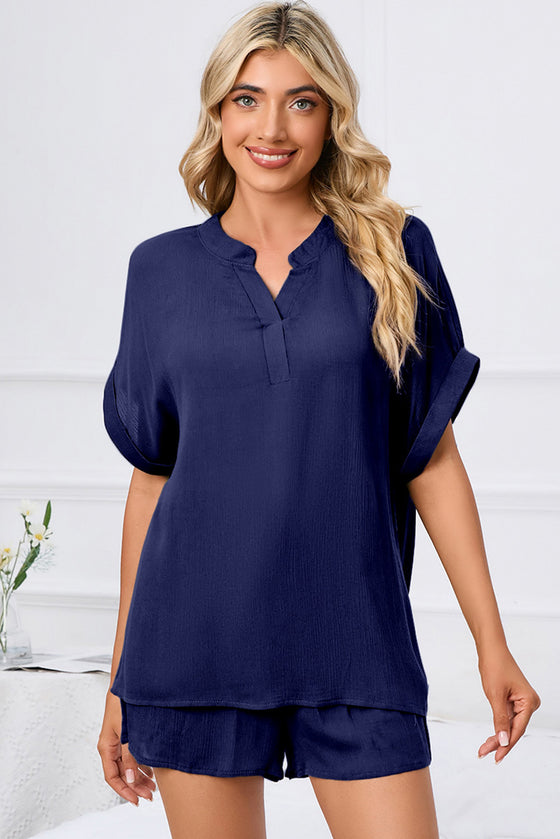 PACK15969-P105-1, Bluing Comfy Notched Neck Top and Drawstring Shorts Set