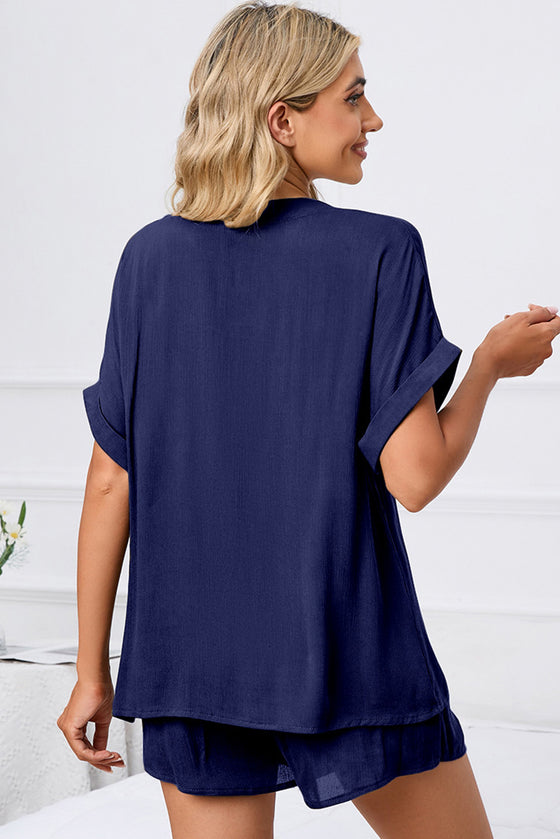 PACK15969-P105-1, Bluing Comfy Notched Neck Top and Drawstring Shorts Set