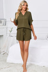 PACK15969-P609-1, Jungle Green Comfy Notched Neck Top and Drawstring Shorts Set
