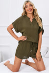 PACK15969-P609-1, Jungle Green Comfy Notched Neck Top and Drawstring Shorts Set