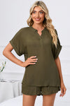 PACK15969-P609-1, Jungle Green Comfy Notched Neck Top and Drawstring Shorts Set