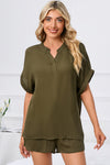 PACK15969-P609-1, Jungle Green Comfy Notched Neck Top and Drawstring Shorts Set