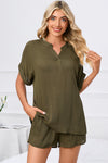 PACK15969-P609-1, Jungle Green Comfy Notched Neck Top and Drawstring Shorts Set