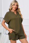 PACK15969-P609-1, Jungle Green Comfy Notched Neck Top and Drawstring Shorts Set