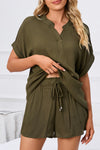 PACK15969-P609-1, Jungle Green Comfy Notched Neck Top and Drawstring Shorts Set