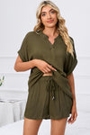 PACK15969-P609-1, Jungle Green Comfy Notched Neck Top and Drawstring Shorts Set