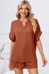 PACK15969-P703-1, Tawny Comfy Notched Neck Top and Drawstring Shorts Set