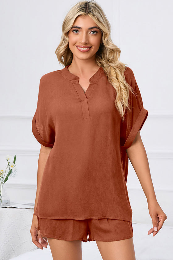 PACK15969-P703-1, Tawny Comfy Notched Neck Top and Drawstring Shorts Set