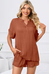 PACK15969-P703-1, Tawny Comfy Notched Neck Top and Drawstring Shorts Set