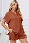 PACK15969-P703-1, Tawny Comfy Notched Neck Top and Drawstring Shorts Set