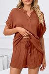 PACK15969-P703-1, Tawny Comfy Notched Neck Top and Drawstring Shorts Set