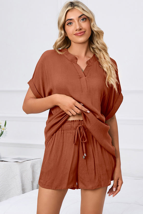 PACK15969-P703-1, Tawny Comfy Notched Neck Top and Drawstring Shorts Set